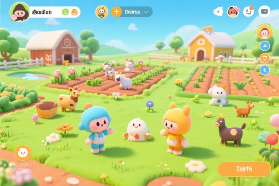 虚拟农场界面，色彩明快，显示动植物、农田、可爱的虚拟角色在互动，营造温馨治愈的氛围